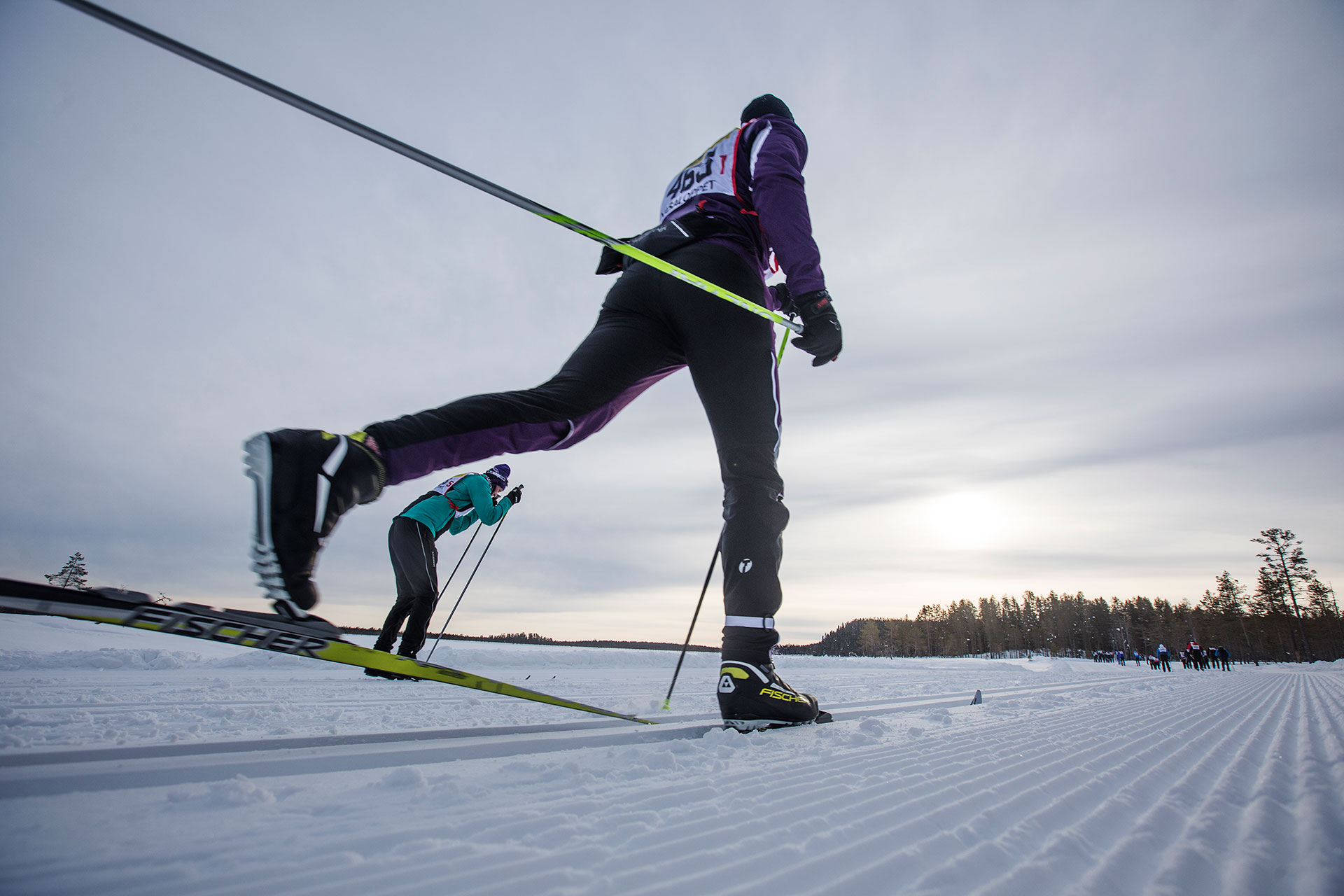 Längdskidåkare i lila och turkos träningskläder åker på ett preparerat snöspår i skymningen, med skog och molnig himmel i bakgrunden.